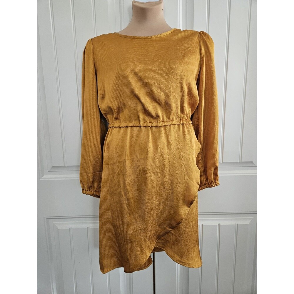 MICHAEL KORS MARIGOLD LONG SLEEVE BLOUSON FLOUNCE SATIN DRESS Sz 1X Elastic